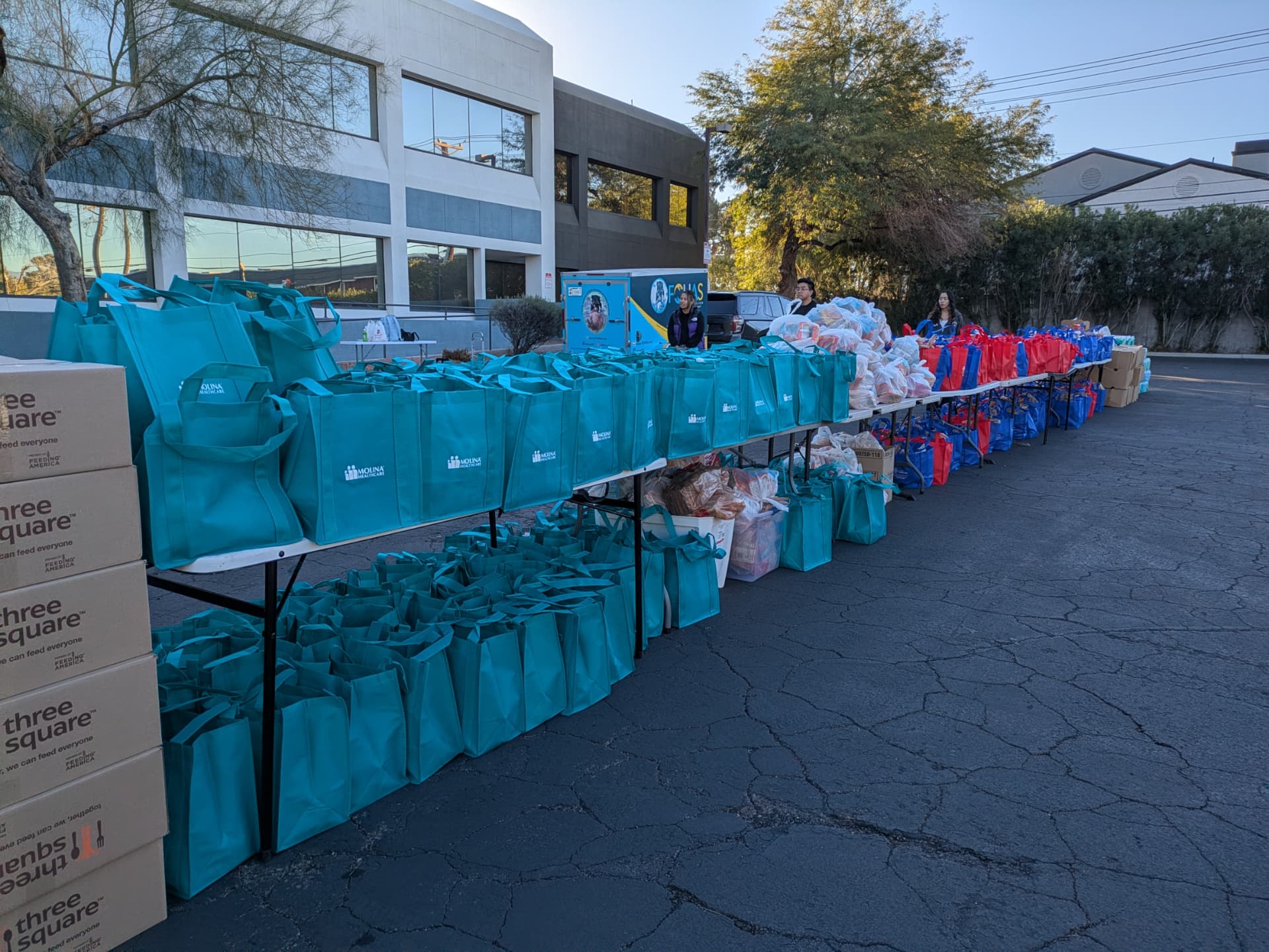 Rows of teal grocery bags and Three Square boxes lined up for the holiday distribution