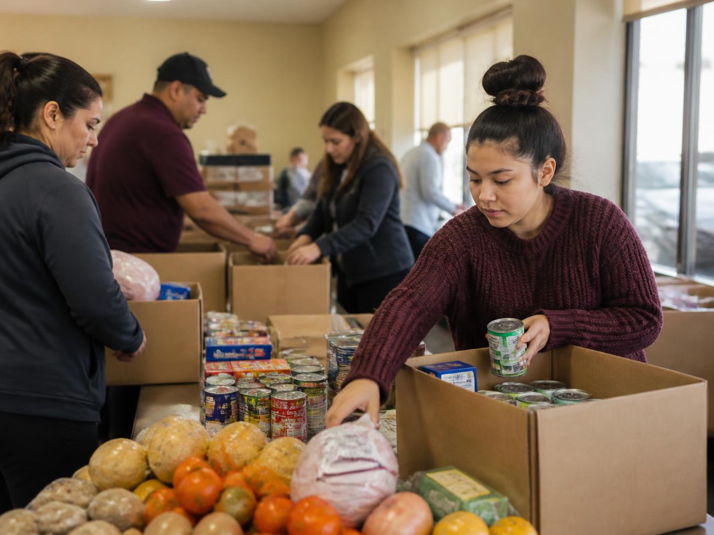Volunteers sort donated groceries, produce, and gift cards at a folding table.