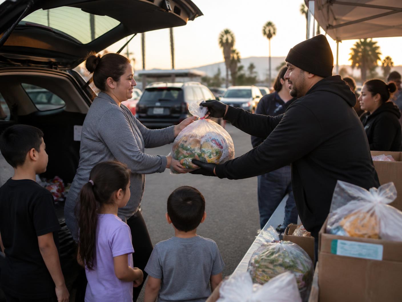 A volunteer hands a bag of groceries to a parent at a curbside pickup while children wait nearby.