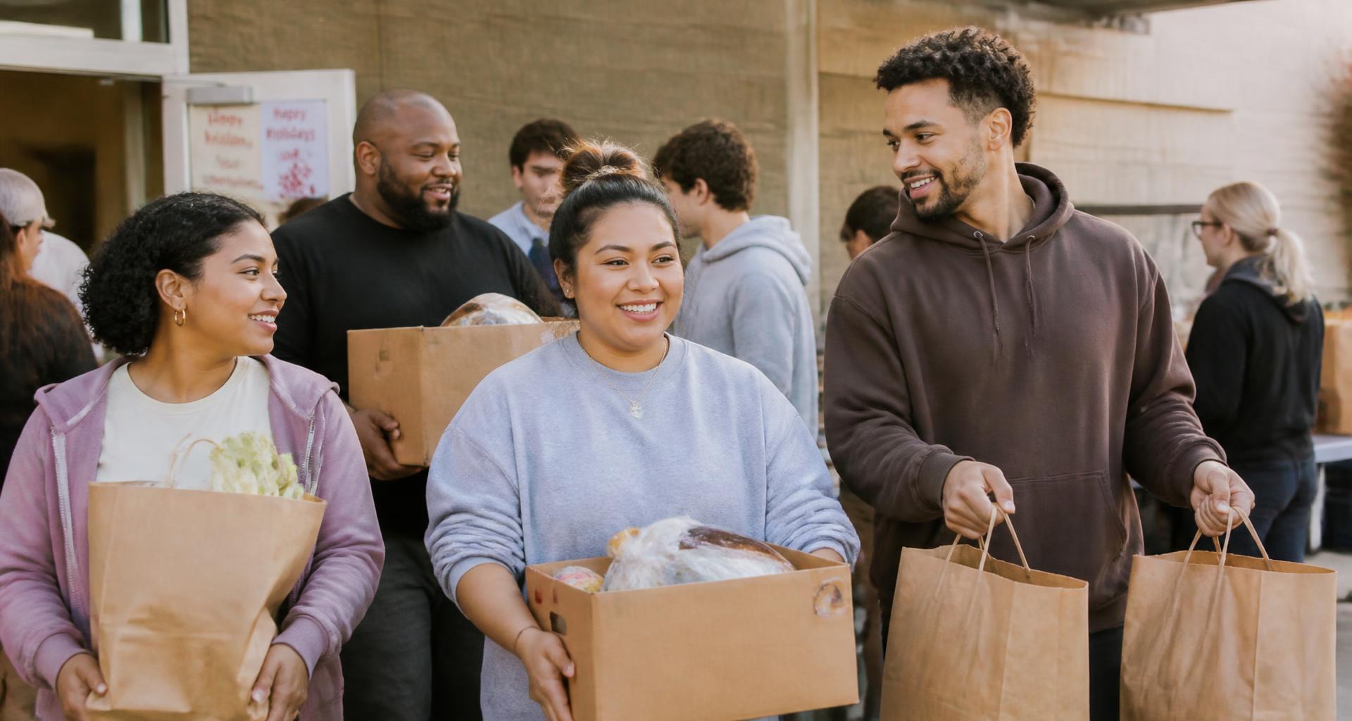Volunteers carry grocery bags and boxes at the holiday food distribution event.