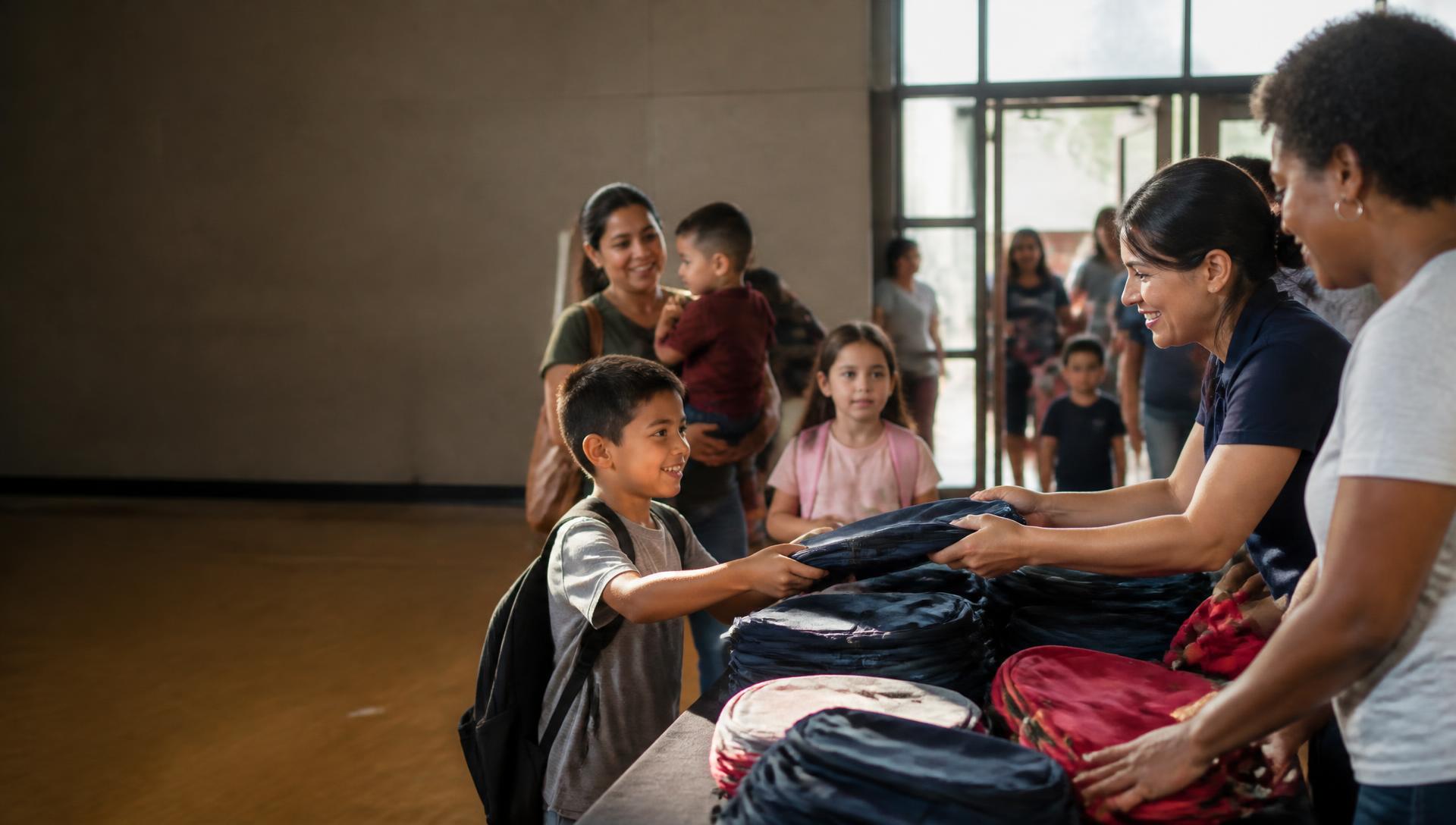 Families collecting backpacks and school supplies from volunteers at a community event.