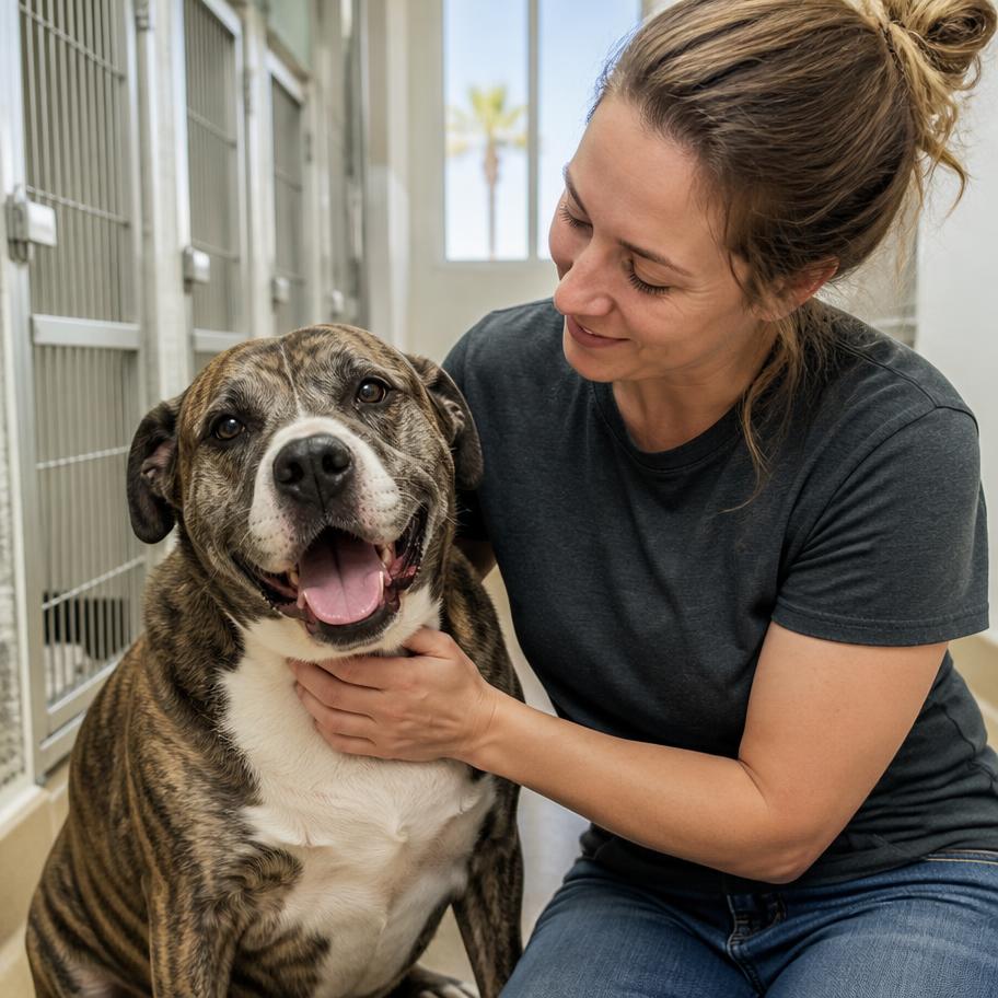 A shelter volunteer sharing a quiet moment with a dog.