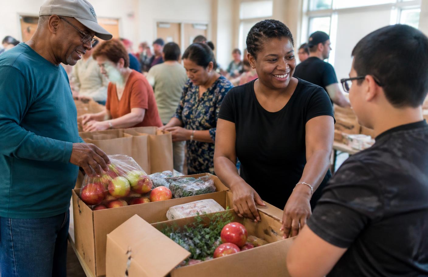 Neighbors pack boxes of fresh groceries together at a community hall.