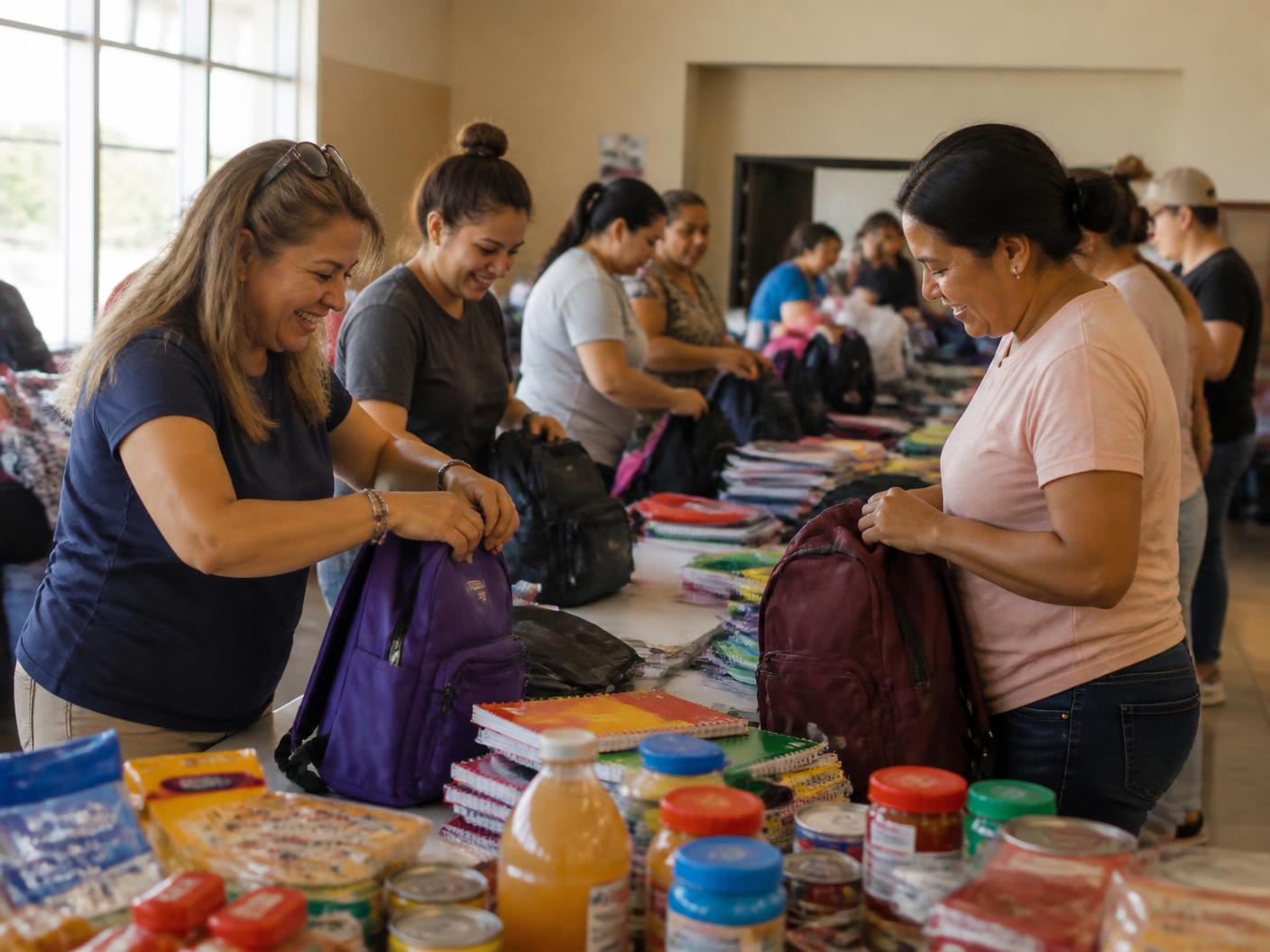 Volunteers sorting backpacks and supplies together for local families.